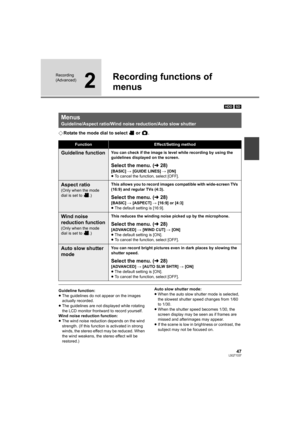 Page 4747LSQT1337
Recording 
(Advanced)
2
Recording functions of 
menus
[HDD] [SD]
¬Rotate the mode dial to select   or  .
Guideline function:
≥The guidelines do not appear on the images 
actually recorded.
≥The guidelines are not displayed while rotating 
the LCD monitor frontward to record yourself.
Wind noise reduction function:
≥The wind noise reduction depends on the wind 
strength. (If this function is activated in strong 
winds, the stereo effect may be reduced. When 
the wind weakens, the stereo effect...