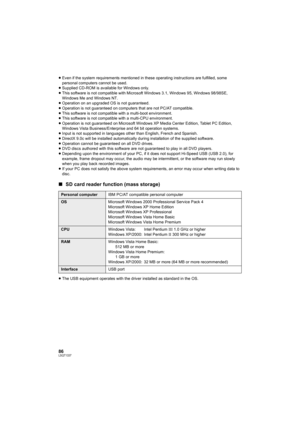 Page 8686LSQT1337
≥Even if the system requirements mentioned in these operating instructions are fulfilled, some 
personal computers cannot be used.
≥Supplied CD-ROM is available for Windows only.
≥This software is not compatible with Microsoft Windows 3.1, Windows 95, Windows 98/98SE, 
Windows Me and Windows NT.
≥Operation on an upgraded OS is not guaranteed.
≥Operation is not guaranteed on computers that are not PC/AT compatible.
≥This software is not compatible with a multi-boot environment.
≥This software...