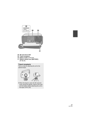 Page 1717LSQT1394
28 SD card slot (l26)
29 Tripod receptacle
30 Battery holder (l19, 21)
31 Battery release lever [BATTERY] 
(l19, 21)
Tripod receptacle
This is a hole for attaching the unit to the 
optional tripod.
≥When the tripod is used, the SD card slot 
cover cannot be opened. Insert an SD card 
and the battery before attaching this unit to 
the tripod. (l19, 26)
29 30
31
28
SDR-H60P&PC-LSQT1394_mst.book  17 ページ  ２００８年３月４日　火曜日　午後２時３５分 