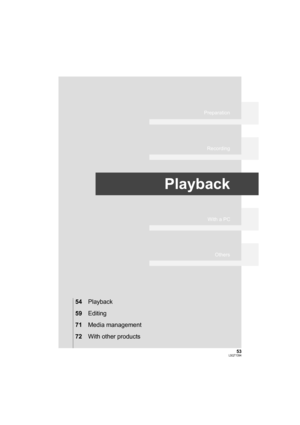 Page 5353LSQT1394
Preparation
Recording
Playback
With a PC
Others
54Playback
59Editing
71Media management
72With other products
SDR-H60P&PC-LSQT1394_mst.book  53 ページ  ２００８年３月４日　火曜日　午後２時３５分 