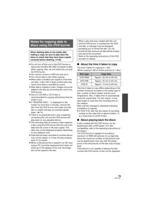 Page 7979LSQT1561
≥Do not turn off this uni t or the DVD burner or 
disconnect the Mini AB USB Connection Cable 
while copying. Also, do not shake this unit and 
the DVD burner.
≥ You cannot connect a USB hub and use it.
≥ You cannot eject a disc while copying.
≥ When data is divided and copied to more than 
one disc, a disc with a large unused area may 
result since data is recorded by scene.
≥ After data is copied to a disc, images cannot be 
added to the disc by connecting the unit to the 
DVD burner.
≥ Use...