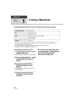 Page 9494LSQT1561
With a PC
Using a 
Macintosh
1
If using a Macintosh
∫Operating environment for the card reader function (mass storage)
≥Even if the system requirements mentioned in t hese operating instructions are fulfilled, some 
personal computers cannot be used.
≥ The USB equipment operates with the driver installed as standard in the OS.
≥ Supplied CD-ROM is available for Windows only.
∫ Copying still pictures on PC
1Connect this unit to a PC via the 
supplied USB cable.
≥The USB function selection...