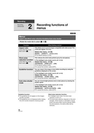 Page 4848LSQT1449
Recording
Recording 
(Advanced)
2
Recording functions of 
menus
[HDD] [SD]
¬ Rotate the mode dial to select   or  .
Guideline function:
≥The guidelines do not appear on the images 
actually recorded.
≥ The guidelines are not displayed while rotating 
the LCD monitor forward to record yourself. Wind noise reduction function:
≥
In Intelligent auto mode, the wind noise 
reduction is set to on.
≥ The wind noise reduction depends on the wind 
strength. (If this function is activated in strong...