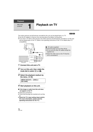 Page 7272LSQT1449
Playback
With other 
products
1
Playback on TV
[HDD] [SD]
The motion pictures and still pictures recorded by this unit can be played back on a TV.
≥ Use the AC adaptor to free you from worrying about the battery running down.
≥ If you have a TV with an SD card slot, the motion  pictures and still pictures recorded on an SD card 
may be played back on the TV. (Refer to the operati ng instructions of the TV for details about TV 
compatibility.)
1Connect this unit and a TV.
2Turn on this unit,...