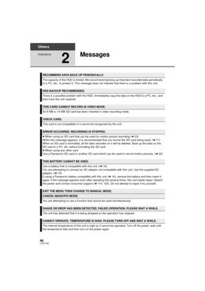 Page 9898LSQT1449
Others
Indications
2
Messages
RECOMMEND DATA BACK UP PERIODICALLY.
The capacity of the HDD is limited. We recommend backing up important recorded data periodically 
to a PC, etc., to protect it. This message does not indicate that there is a problem with this unit.
HDD BACKUP RECOMMENDED.
There is a possible problem with the HDD. Immediately copy the data on the HDD to a PC, etc., and 
then have the unit repaired.
THIS CARD CANNOT RECORD IN VIDEO MODE.
An 8 MB or 16 MB SD card has been...