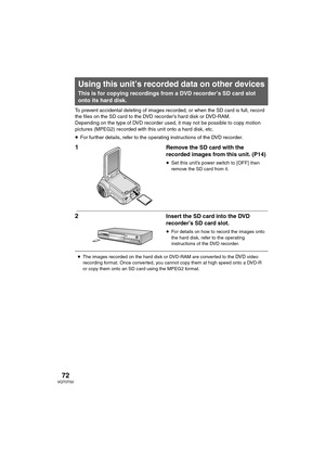 Page 7272VQT0T50
To prevent accidental deleting of images recorded, or when the SD card is full, record 
the files on the SD card to the DVD recorder’s hard disk or DVD-RAM.
Depending on the type of DVD recorder used, it may not be possible to copy motion 
pictures (MPEG2) recorded with this unit onto a hard disk, etc. 
≥For further details, refer to the operating instructions of the DVD recorder.
1Remove the SD card with the 
recorded images from this unit. (P14)
≥Set this unit’s power switch to [OFF] then...