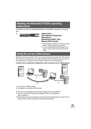 Page 8383VQT0T50
For details on how to use MotionSD STUDIO, read the PDF instructions or the help 
files.
1 Select [start]>
[All Programs (Programs)]>
[Panasonic]>
[MotionSD STUDIO 1.0E]>
[Manual (PDF format)].
≥After starting the software, on the menu select 
[Help]>[Help] to display the help files.
≥You will need Adobe Acrobat Reader 5.0 or 
later to read the PDF operating instructions. 
(P73)
When the unit is connected to a PC, you can send pictures and audio from the unit over 
the Internet to the person...