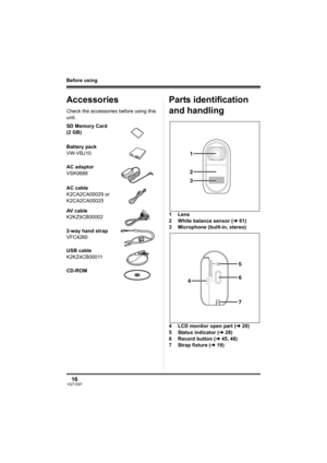 Page 1616VQT1D97
Before using
Accessories
Check the accessories before using this 
unit.
Parts identification 
and handling
1Lens
2 White balance sensor (l61)
3 Microphone (built-in, stereo)
4 LCD monitor open part (l20)
5 Status indicator (l28)
6 Record button (l45, 48)
7 Strap fixture (l19) SD Memory Card 
(2 GB)
Battery pack
VW-VBJ10
AC adaptor
VSK0688
AC cable
K2CA2CA00029 or
K2CA2CA00025
AV cable
K2KZ9CB00002
2-way hand strap
VFC4260
USB cable
K2KZ4CB00011
CD-ROM
2
1
3
6 5
7 4
VQT1D97(ENG).book  16 ページ...