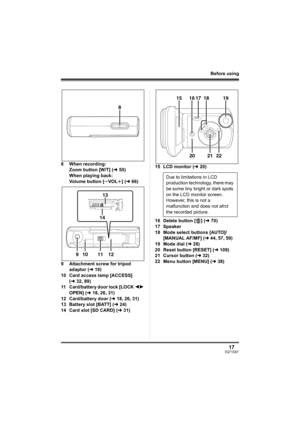 Page 1717VQT1D97
Before using
8 When recording: 
Zoom button [W/T] (l50)
When playing back: 
Volume button [sVOLr] (l66)
9 Attachment screw for tripod 
adaptor (l19)
10 Card access lamp [ACCESS] 
(l32, 89)
11 Card/battery door lock [LOCK 21 
OPEN] (l18, 26, 31)
12 Card/battery door (l18, 26, 31)
13 Battery slot [BATT] (l24)
14 Card slot [SD CARD] (l31)15 LCD monitor (l20)
16 Delete button [ ] (l70)
17 Speaker
18 Mode select buttons [AUTO]/
[MANUAL AF/MF] (l44, 57, 59)
19 Mode dial (l28)
20 Reset button [RESET]...