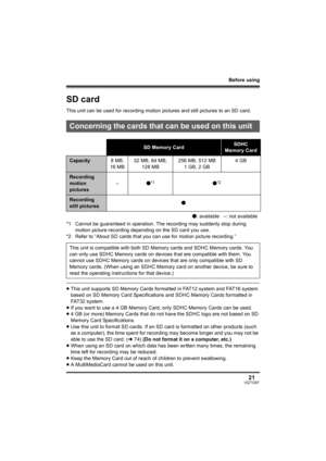 Page 21Before using
21VQT1D97
SD card
This unit can be used for recording motion pictures and still pictures to an SD card.
*1 Cannot be guaranteed in operation. The recording may suddenly stop during 
motion picture recording depending on the SD card you use.
*2 Refer to “About SD cards that you can use for motion picture recording.”
≥This unit supports SD Memory Cards formatted in FAT12 system and FAT16 system 
based on SD Memory Card Specifications and SDHC Memory Cards formatted in 
FAT32 system.
≥If you...