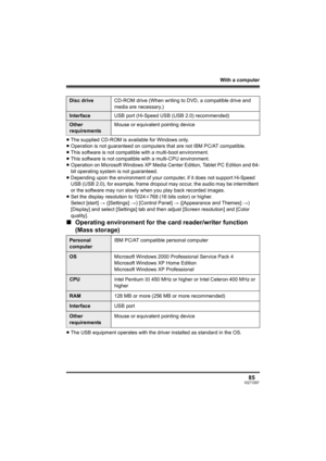 Page 85With a computer
85VQT1D97
≥The supplied CD-ROM is available for Windows only.
≥Operation is not guaranteed on computers that are not IBM PC/AT compatible.
≥This software is not compatible with a multi-boot environment.
≥This software is not compatible with a multi-CPU environment.
≥Operation on Microsoft Windows XP Media Center Edition, Tablet PC Edition and 64-
bit operating system is not guaranteed.
≥Depending upon the environment of your computer, if it does not support Hi-Speed 
USB (USB 2.0), for...