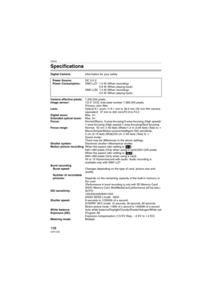 Page 108Others
108VQT1C39
Specifications
Digital Camera:Information for your safety
Camera effective pixels:7,200,000 pixels
Image sensor:1/2.5q CCD, total pixel number 7,380,000 pixels,
Primary color filter
Lens:Optical 6kzoom, fl6.1mm to 36.6mm (35mm film camera 
equivalent: 37 mm to 222 mm)/F2.8 to F4.5
Digital zoom:Max. 4k
Extended optical zoom:Max. 9k
Focus:Normal/Macro, 5-area-focusing/3-area-focusing (High speed)/
1-area-focusing (High speed)/1-area-focusing/Spot-focusing
Focus range:Normal: 50 cm (1.64...