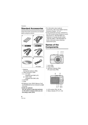Page 8Preparation
8VQT1C39
Preparation
Standard Accessories
Check that all the accessories are included 
before using the camera.
1 Batteries
AA Oxyride batteries (ZR6)
2 USB Connection Cable
31:AV Cable
(Supplied with DMC-LZ7)
2: Video Cable
(Supplied with DMC-LZ6)
4CD-ROM
5Strap
 SD Memory Card, SDHC Memory Card 
and MultiMediaCard are indicated as card 
in the text.
 Cards are optional.
You can record or play back pictures 
on the built-in memory when you are 
not using a card. (P16) For information about...