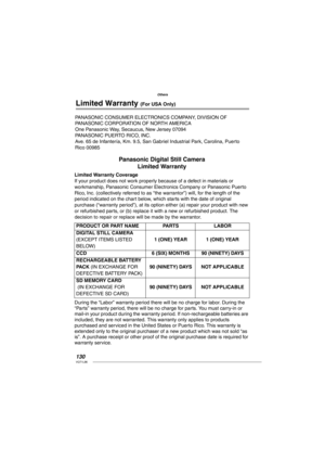 Page 130130VQT1L86
Others
Limited Warranty (For USA Only)
Panasonic Digital Still Camera
Limited Warranty
Limited Warranty Coverage
If your product does not work properly because of a defect in materials or 
workmanship, Panasonic Consumer Electronics Company or Panasonic Puerto 
Rico, Inc. (collectively referred to as “the warrantor”) will, for the length of the 
period indicated on the chart below, which starts with the date of original 
purchase (“warranty period”), at its option either (a) repair your...