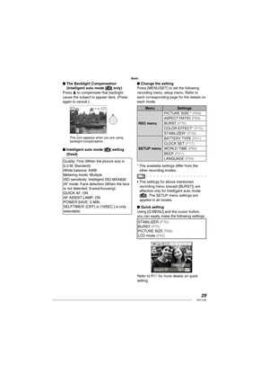 Page 2929VQT1L86
Basic
   
The  Backlight Compensation 
(Intelligent auto mode [] only)
Press e to compensate that backlight 
cause the subject to appear dark. (Press 
again to cancel.)
This icon appears when you are using 
backlight compensation.
10M19192
BACKLIGHT
Intelligent auto mode [] setting 
(ﬁ xed)
Quality: Fine (When the picture size is 
0.3 M: Standard)
White balance: AWB 
Metering mode: Multiple
ISO sensitivity: Intelligent ISO MAX800
AF mode: Face detection (When the face 
is not detected:...