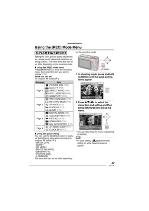 Page 6767VQT1L86
Advanced-Shooting
   
Using the  [REC] Mode Menu
Setting the color, picture quality adjustment, 
etc. allows you to create wide variations on 
taking pictures. The menu items that can be 
set differ depending on the recording mode.
Using the [REC] mode menu
Press [MENU/SET] to show the recording 
menu, then select the item you want to 
change 
( P19 ).
Items you can set
(In program AE mode [ 
 ])
Menu pageItem 
Page 1
ZPICTURE SIZE ( P68 )
QQUALITY ( P68 )
iASPECT RATIO ( P69 )
INTELLIGENT ISO...