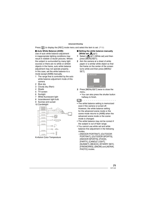 Page 7171VQT1L86
Advanced-Shooting
   
 
Auto White Balance (AWB)
Use of auto white balance adjustment 
in inappropriate lighting conditions may 
result in reddish or bluish pictures. Where 
the subject is surrounded by many light 
sources or there are no white or whitish 
objects in the frame, auto white balance 
adjustment may not operate properly.
In this case, set the white balance to a 
mode except [AWB] manually.
The range that is controlled by the auto 
white balance adjustment mode of this 
camera
Blue...
