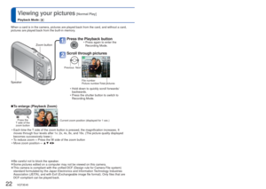 Page 2222   VQT3E45VQT3E45   23
 
Viewing your pictures
 [Normal Play]
Playback Mode: 
When a card is in the camera, pictures are played back from the card, an\
d without a card, 
pictures are played back from the built-in memory.
Zoom button
Press the Playback button • Press again to enter the Recording Mode.
Scroll through pictures
Previous Next
File number
Picture number/Total pictures
 • Hold down to quickly scroll forwards/backwards.
 • Press the shutter button to switch to  Recording Mode.
 
■To enlarge...
