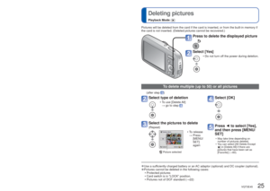Page 2524   VQT3E45VQT3E45   25
 
Viewing as list 
(Multi Playback/Calendar Playback)
Playback Mode: 
 
Deleting pictures
Playback Mode: 
You can view 12 (or 30) pictures at once (Multi Playback), or view al\
l pictures taken on a 
certain date (Calendar Playback).
 
■To restore
Press the T side of the 
zoom button
 
■To change from 
12/30-screen 
display to single-
screen display
Select picture with 
▲▼◄►  and press 
[MENU/SET]
 
●Only months when pictures were taken are shown on the calendar screen. P\...