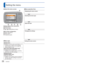 Page 2626   VQT3E45VQT3E45   27
 
Setting the menu
Refer to the procedure example below when operating the [Setup] menu, [R\
ec] menu 
and [Playback] menu.
 
■About the menu screen
Buttons used in menu operations: [MENU/SET]: Cursor button: [ / ] (Delete/Return) button
Menu screen configuration
: Menu description: Menu items: Operation guide
 
■Menu operation flowExample:  Changing [AF Mode] in the [Rec] menu in [Normal Picture] Mode
Displaying the menu screenPress [MENU/SET]
The menu options screen is...