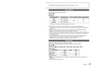 Page 4746   VQT3E45VQT3E45   47
 
Using the [Rec] menu
For details about the setting procedure in the [Rec] menu (
→26)
 [Picture Size]
Set the size (number of pixels) of still pictures. This setting determines how many pictures 
you can record. 
 
■Mode:   
 
■Settings:
DMC-S3 DMC-S1
Recording pixel level type Recording pixel level type
14 M 4320×324012 M 4000×3000
10 M ∗3648×27368 M ∗3264×2448
5 M 2560×19205 M 2560×1920
3 M ∗2048×15363 M ∗2048×1536
0.3 M 640×4800.3 M 640×480
12.5 M 4320×288010.5 M 4000×2672...