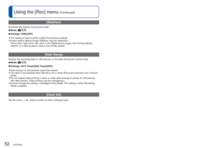 Page 5252   VQT3E45VQT3E45   53
 
Different playback methods
 (Playback Mode)
Playback Mode: 
Using the [Rec] menu (Continued)
Recorded pictures can be played back in a variety of ways.
 
■[Normal Play]
(→22)
 
■[Slide Show]
(→54)
 
■[Filtering Play]
(→55)
 
■[Calendar]
(→55)
 
●When no card is inserted, pictures are played back from the built-in mem\
ory. 
●After you switch from Recording Mode to Playback Mode, the Playback Mode\
 
automatically becomes [Normal Play]. 
Press the Playback button
Display the...