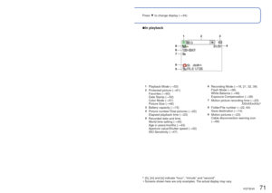 Page 7170   VQT3E45VQT3E45   71
Press ▼ to change display ( →34). 
List of LCD monitor displays
 
■In recording 
■In playback
∗
   [h], [m] and [s] indicate “hour”, “minute” and “second”\
.
 •
Screens shown here are only examples. The actual display may vary.
1Recording Mode ( →18, 21, 32, 39)2Picture Size (→46)
Recording quality ( →47)
3Flash Mode (→36)
Optical Image Stabilizer ( →52)
Jitter alert (→32)
White Balance ( →48)
Color Mode ( →51)
4Battery capacity (→15)5Burst Mode (→50)6Focus (→18)7AF area...