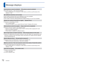 Page 7272   VQT3E45VQT3E45   73
Meanings and required responses to major messages displayed on LCD monit\
or.Message displays
[Some pictures cannot be deleted]     [This picture cannot be deleted]
 
●Non-DCF pictures ( →22) cannot be deleted.
  →  Save needed data on a computer or other device, and then use [Format] on\
 the 
camera. (→30)
[No additional selections can be made]
 
●The number of pictures that can be deleted at once has exceeded. 
●More than 999 pictures have been set as [Favorite]. 
●The number...
