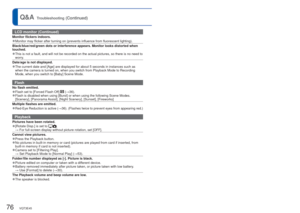 Page 7676   VQT3E45VQT3E45   77
Q&A
  Troubleshooting (Continued)
LCD monitor (Continued)
Monitor flickers indoors.
 
●Monitor may flicker after turning on (prevents influence from fluoresce\
nt lighting).
Black/blue/red/green dots or interference appears. Monitor looks distort\
ed when 
touched.
 
●This is not a fault, and will not be recorded on the actual pictures, so\
 there is no need to 
worry.
Date/age is not displayed.
 
●The current date and [Age] are displayed for about 5 seconds in instance\
s such...