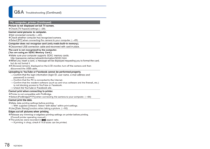 Page 7878   VQT3E45VQT3E45   79
Q&A
  Troubleshooting (Continued)
TV, computer, printer (Continued)
Picture is not displayed on full TV screen.
 
●Check [TV Aspect] settings (→29).
Cannot send pictures to computer.
 
●Not connected correctly ( →63). 
●Check whether computer has recognized camera. 
●Select [PC] when connecting the camera to your computer. ( →63)
Computer does not recognize card (only reads built-in memory).
 
●Disconnect USB connection cable and reconnect with card in place.
The card is not...
