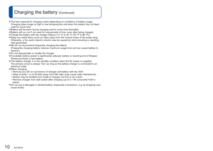 Page 1010   VQT3E45VQT3E45   11
Charging the battery 
(Continued) Inserting and removing the card (optional)/
the battery
 
●The time required for charging varies depending on conditions of battery\
 usage. 
Charging takes longer at high or low temperatures and when the battery h\
as not been 
used for some time. 
 
●Battery will be warm during charging and for some time thereafter. 
●Battery will run out if not used for long periods of time, even after be\
ing charged. 
●Charge the battery with the charger...