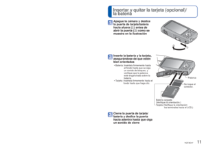 Page 1110   VQT3E47VQT3E47   11
Carga de la batería 
(Continuación) 
Insertar y quitar la tarjeta (opcional)/ 
la batería
 
●El tiempo necesario para cargar cambia dependiendo de las condiciones de\
 uso de 
la batería. La carga tarda más a temperaturas altas o bajas y cuan\
do la batería no ha 
sido utilizada durante algún tiempo.
 
●La batería se calentará durante la carga y estará caliente dura\
nte cierto tiempo 
después.
 
●La batería se agotará si no la usa durante largos periodos de tiem\
po, incluso...