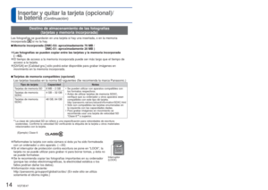 Page 1414   VQT3E47VQT3E47   15
Insertar y quitar la tarjeta (opcional)/ 
la batería 
(Continuación)
 Carga de batería y capacidad de memoria restantes
Capacidad restante de la batería (sólo cuando se usa batería)
(parpadea en rojo)
Si la marca de la batería parpadea en rojo, vuelva a cargar la 
batería o sustitúyala.
Capacidad de imágenes o de tiempo de grabación restante estimada 
(presione  ▼ para activar/desactivar la visualización)
Visualizado cuando no hay tarjeta insertada (las fotografías se guard\
arán...