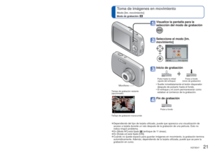 Page 2120   VQT3E47VQT3E47   21
 
Toma de fotografías con zoom
Modo de grabación:       
 
Toma de imágenes en movimiento
Modo [Im. movimiento]
Modo de grabación: 
Zoom óptico y zoom óptico extra (EZ)
Cambia automáticamente a “zoom óptico” cuando se usa el tama\
ño de fotografía 
máximo (→46), y a “zoom óptico extra” (para seguir empleando el zoom)\
 en otros 
casos. (EZ son las siglas de “zoom óptico extra”.)
 • Zoom óptico  • Zoom óptico extra
(Se visualiza  )
El “zoom óptico” ofrece un aumento de 4 x. Puede...