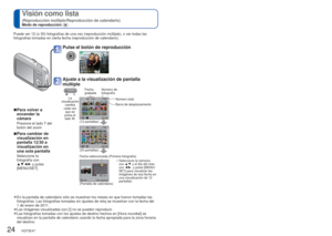 Page 2424   VQT3E47VQT3E47   25
 
Visión como lista 
(Reproducción múltiple/Reproducción de calendario)Modo de reproducción: 
 
Borrado de fotografías
Modo de reproducción: 
Puede ver 12 (o 30) fotografías de una vez (reproducción múl\
tiple), o ver todas las 
fotografías tomadas en cierta fecha (reproducción de calendario)\
.
 
■Para volver a 
encender la 
cámara 
Presione el lado T del 
botón del zoom
 
■Para cambiar de 
visualización en 
pantalla 12/30 a 
visualización en 
una sola pantalla
Seleccione la...