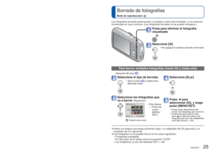Page 2524   VQT3E47VQT3E47   25
 
Visión como lista 
(Reproducción múltiple/Reproducción de calendario)Modo de reproducción: 
 
Borrado de fotografías
Modo de reproducción: 
Puede ver 12 (o 30) fotografías de una vez (reproducción múl\
tiple), o ver todas las 
fotografías tomadas en cierta fecha (reproducción de calendario)\
.
 
■Para volver a 
encender la 
cámara 
Presione el lado T del 
botón del zoom
 
■Para cambiar de 
visualización en 
pantalla 12/30 a 
visualización en 
una sola pantalla
Seleccione la...