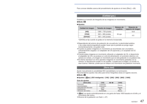 Page 4746   VQT3E47VQT3E47   47
 
Utilizando el menú [Rec]
Para conocer detalles acerca del procedimiento de ajuste en el menú [\
Rec] (
→26)
 [Tamañ. im.]
Ajuste el tamaño (número de píxeles) de las fotografías. E\
ste ajuste determina cuántas 
fotografías se pueden grabar.
 
■Modo:   
 
■Ajustes:
DMC-S3 DMC-S1
Tipo de nivel de píxeles de grabación Tipo de nivel de píxeles de grabación
14 M 4320×324012 M4000×3000
10 M ∗3648×27368 M ∗3264×2448
5 M 2560×19205 M 2560×1920
3 M ∗2048×15363 M ∗2048×1536
0.3 M...