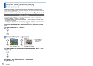 Page 5656   VQT3E47VQT3E47   57
 
Uso del menú [Reproducción]
Modo de reproducción: 
Para conocer detalles del procedimiento de ajuste en el menú [Reprodu\
cción] (
→26)
 [Ajuste de carga]
Puede seleccionar fotografías en la cámara para cargarlas en sitio\
s Web donde se 
comparten imágenes (Facebook o YouTube).
 • En Facebook sólo se pueden cargar fotografías, y en YouTube sólo se pueden cargar imágenes en movimiento.
 • Las fotografías de la memoria incorporada no se pueden establecer. Copie fotografías  a...