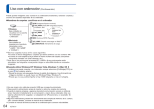 Page 6464   VQT3E47VQT3E47   65
Uso con ordenador
 (Continuación)
∗1 Se crean carpetas nuevas en los casos siguientes:
 • Cuando se llevan fotografías a carpetas que tienen archivos con los n\
úmeros 999.
 • Cuando se usan tarjetas que ya tienen el mismo número de carpeta (in\
cluyendo fotografías tomadas con otras cámaras, etc.).
∗
2   Note que si los archivos de la carpeta AD_LUMIX o de sus subcarpetas están 
eliminados, las fotografías no se podrán cargar en sitios Web donde se comparten 
imágenes.
 
■Cuando...