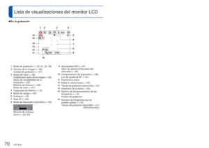 Page 7070   VQT3E47VQT3E47   71
Pulse el botón ▼ para cambiar la visualización ( →34). Lista de visualizaciones del monitor LCD
 
■En la grabación 
■En la reproducción
∗
  [h], [m] y [s] indican “hour (hora)”, “minute (minuto)” \
y “second (segundo)”.
 • Las pantallas mostradas aquí sólo son ejemplos. La visualizació\
n real puede ser  diferente.
1Modo de grabación ( →18, 21, 32, 39)2Tamaño de la imagen ( →46)
Calidad de grabación ( →47)
3Modo del flash (→36)Estabilizador óptico de la imagen ( →52)Alerta de...