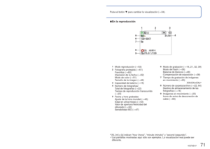 Page 7170   VQT3E47VQT3E47   71
Pulse el botón ▼ para cambiar la visualización ( →34). Lista de visualizaciones del monitor LCD
 
■En la grabación 
■En la reproducción
∗
  [h], [m] y [s] indican “hour (hora)”, “minute (minuto)” \
y “second (segundo)”.
 • Las pantallas mostradas aquí sólo son ejemplos. La visualizació\
n real puede ser  diferente.
1Modo de grabación ( →18, 21, 32, 39)2Tamaño de la imagen ( →46)
Calidad de grabación ( →47)
3Modo del flash (→36)Estabilizador óptico de la imagen ( →52)Alerta de...