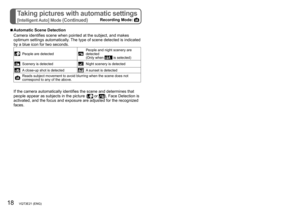 Page 1818   VQT3E21 (ENG) (ENG) VQT3E21   19
Taking pictures with automatic settings
[Intelligent Auto] Mode (Continued)Recording Mode: 
Taking motion pictures [Motion Picture] Mode
Recording Mode: 
 ■Automatic Scene Detection
Camera identifies scene when pointed at the subject, and makes 
optimum settings automatically. The type of scene detected is indicated 
by a blue icon for two seconds.
People are detected People and night scenery are 
detected
(Only when 
 is selected)
Scenery is detected Night scenery...