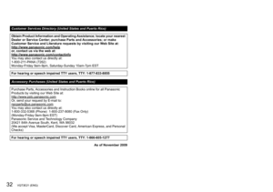 Page 3232   VQT3E21 (ENG) (ENG) VQT3E21   33
MEMO
VQT1N09 (ENG)14
As of November 2009
Customer Services Directory (United States and Puerto Rico)
Obtain Product Information and Operating Assistance; locate your nearest 
Dealer or Service Center; purchase Parts and Accessories; or make 
Customer Service and Literature requests by visiting our Web Site at:
http://www.panasonic.com/help
or, contact us via the web at:
http://www.panasonic.com/contactinfo
You may also contact us directly at:
1-800-211-PANA (7262)...