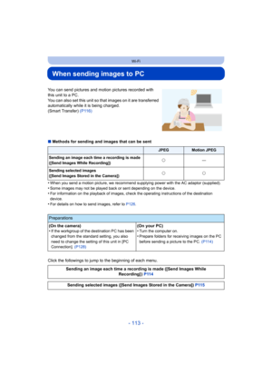 Page 113- 113 -
Wi-Fi
When sending images to PC
∫Methods for sending and images that can be sent
•
When you send a motion picture, w e recommend supplying power with the AC adaptor (supplied).•Some images may not be played back or sent depending on the dev ice.•For information on the playback of images, check the operating instructions of the destination 
device.
•For details on how to send images, refer to  P126.
Click the followings to jump to the beginning of each menu. You can send pictures and motion...