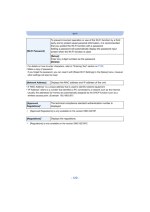 Page 129- 129 -
Wi-Fi
•For details on how to enter characters, refer to “Entering Text” section on P122.
•Make a copy of password.
If you forget the password, you can reset it with [Reset Wi-Fi Settings] in the [Setup] menu, however 
other settings will also be reset.
•A “MAC Address” is a unique address that is used to identify ne twork equipment.
•“IP Address” refers to a number that identifies a PC connected to a network such as the Internet. 
Usually, the addresses for homes are automatically assigned by...