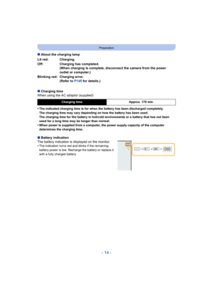 Page 14- 14 -
Preparation
∫About the charging lamp
∫ Charging time
When using the AC adaptor (supplied)
•
The indicated charging time is for when the battery has been discharged completely.
The charging time may vary depending on how the battery has been used.
The charging time for the battery in hot/cold environments or a  battery that has not been 
used for a long time may be longer than normal.
•When power is supplied from a computer, the power supply capaci ty of the computer 
determines the charging time....