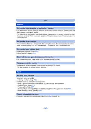 Page 148- 148 -
Others
•This phenomenon appears when you press the shutter button halfway to set the aperture value and 
does not affect the recorded pictures.
•This phenomenon also appears when the brightness changes when t he camera is zoomed or when 
the camera is moved. This is because of operation of the automatic aperture of the camera, and it is 
not a malfunction.
•The monitor may flicker for a few seconds after turning this un it on. This is an operation to correct 
flicker caused by lighting such as...