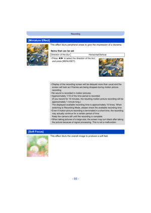 Page 65- 65 -
Recording
This effect blurs peripheral areas to give the impression of a diorama.
This effect blurs the overall image to produce a soft feel.
[Miniature Effect]
Items that can be set
Direction of the blur Horizontal/Vertical
•Press 2/1  to select the direction of the blur, 
and press [MENU/SET].
•Display of the recording scre en will be delayed more than usual  and the 
screen will look as if frames are being dropped during motion p icture 
recording.
•No sound is recorded in motion...