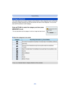 Page 90- 90 -
Playback/Editing
This mode allows you to search images by Scene Mode or other categories (such as [Portrait], 
[Scenery] or [Night Scenery]) and sort the pictures into each of the categories. You can then 
play back the pictures in each category.
Press 3/ 4/2/1 to select the category and then press 
[MENU/SET] to set.
•You can play back only the category in which an image has been  found.
∫About the categories to be sorted
•
If you run a Calendar Search, Category Selection will be cancel ed....