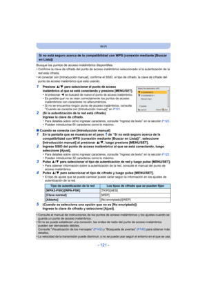 Page 121- 121 -
Wi-Fi
Busque los puntos de acceso inalámbrico disponibles.
•Confirme la clave de cifrado del punto de acceso inalámbrico seleccionado si la autenticación de la 
red esta cifrada.
•Al conectar con [Introducción manual], confirme el SSID, el tipo de cifrado, la clave de cifrado del 
punto de acceso inalámbrico que está usando.
1Presione 3/4 para seleccionar el punto de acceso 
inalámbrico al que se está conectando y presione [MENU/SET].
•Al presionar 2 se buscará de nuevo el punto de acceso...